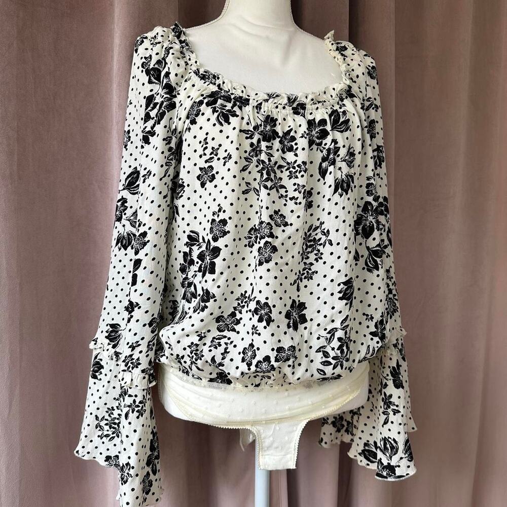 Free People Intimately White and Black floral bell sleeve bodysuit Size Small